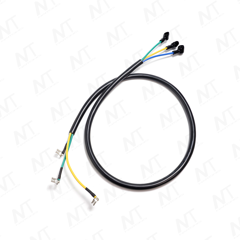 Hauptkabelbaum des schwarz ummantelten Kerndrahtadapters mit O-Typ-Erdungsring an einem Ende und 4,8 mm Spatenanschluss am anderen Ende